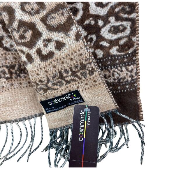 V. Fraas Cashmink Scarf Brown Leopard Print Scarf with Fringe NWT - Picture 4 of 5